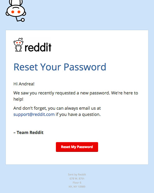 Example of transactional email from Reddit